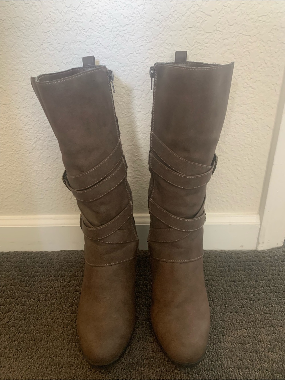 Black Rivet Taupe Strappy Mid-Calf Heeled Boots